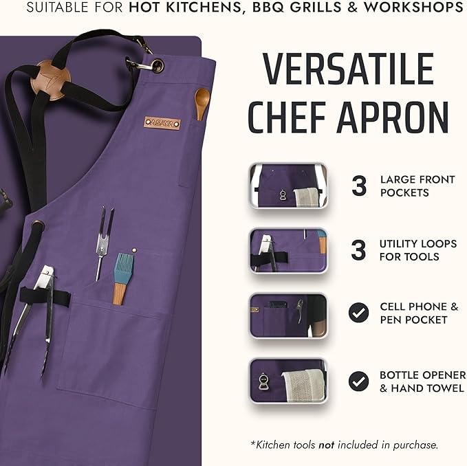 Asaya Chef and BBQ Apron with Bottle Opener and Hand Towel - 10oz Cotton Canvas, Stainless Steel Hardware - Cross Back Straps