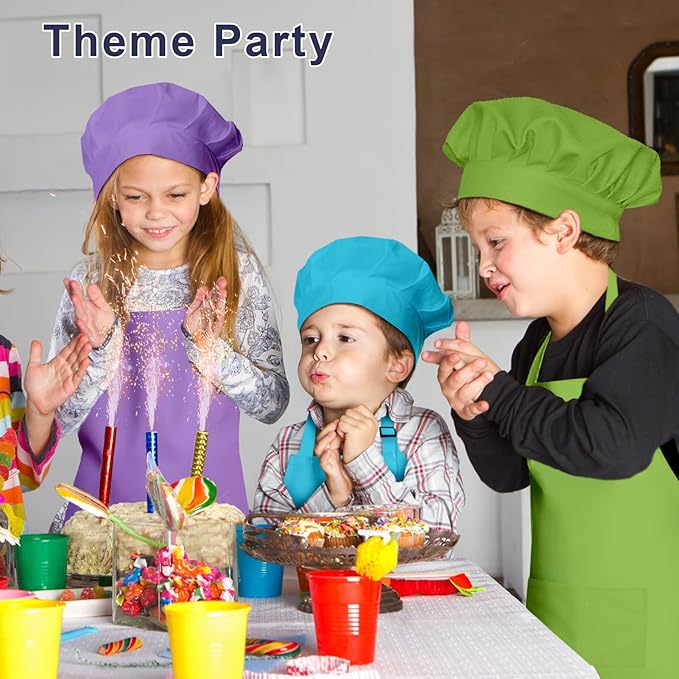 Kids Apron and Chef Hat Set, 16 Pieces Boys Girls Kids Apron with 2 Pockets Adjustable for Cooking Classroom Baking Painting, 6-13 Years, Bright Color