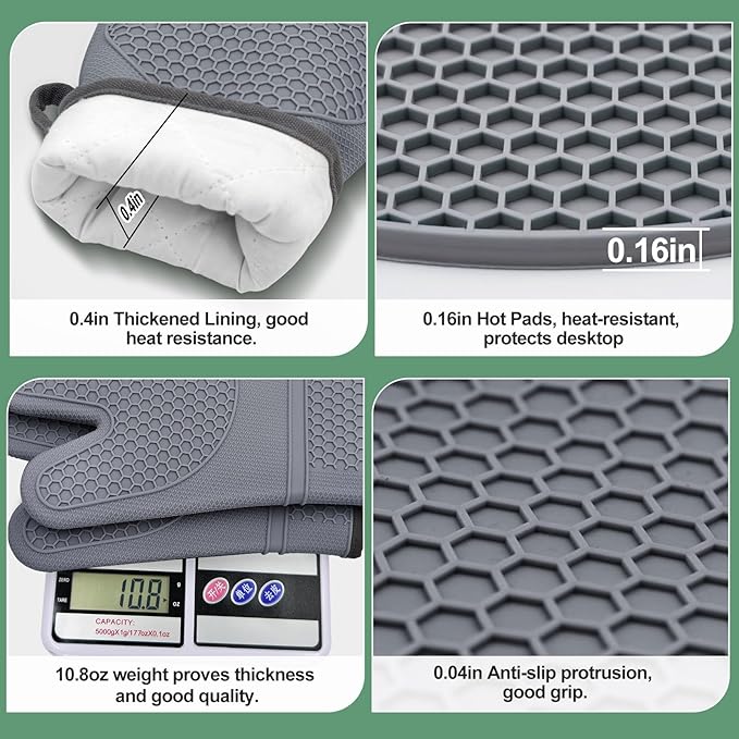 3PCS Silicone Oven Mitts and Pot Holders Sets for Kitchen, Oven Gloves Heat Resistant 500°F, Non-Slip Silicone Potholder 7.1”, Thick Oven Mitts & Thick Hot Pads Protection for Cooking, Grey