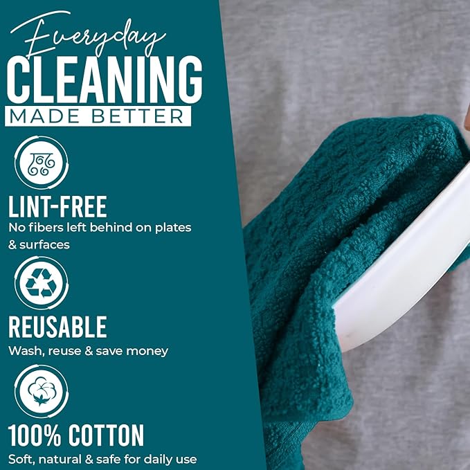 DAN RIVER Premium Kitchen Towels - [Pack of 12] 100% Cotton (16x 26 Inches) -Super Soft,Highly Absorbent, Quick Dry, Dish Towels for Kitchen Towels -Teal