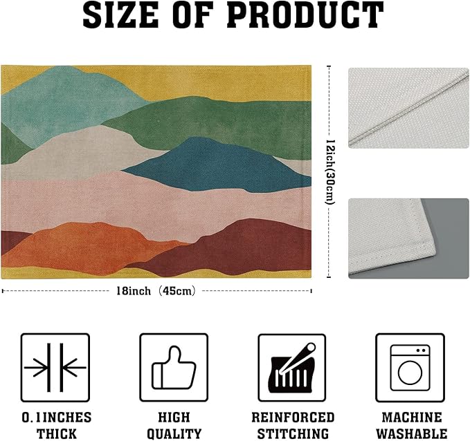 Colorful Art Placemats for Kitchen - Mountain Painting Placemats Set of 4 Abstract Modern Art Linen Table Mat Watercolor Place Mat Decorative Holiday Indoor Outdoor Dinner Decor 12 x 18 Inch