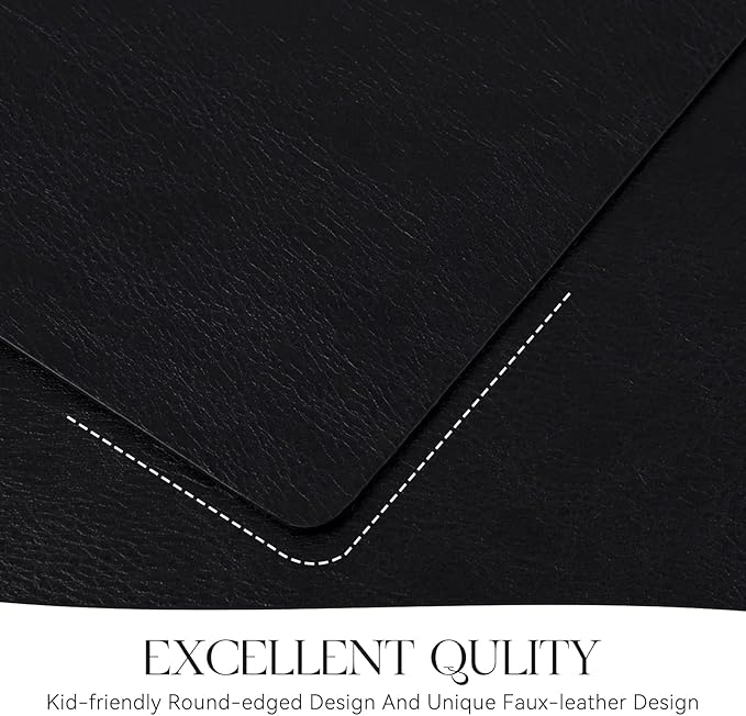 MOSAYT Vinyl Placemats Set of 6-12 X 17 Inch - Faux Leather 100% Waterproof Oil-Proof Wipeable PU Place Mats, Heat Resistant Reversible Table Mats for Kitchen, Dining, Outdoor (Black)
