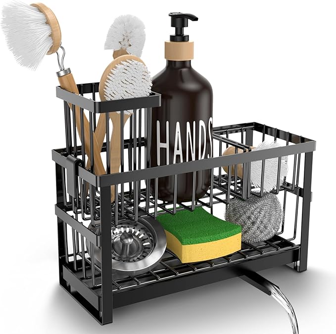 Hvisso 2-Tier Kitchen Sink Caddy with High Brush Holder, Sponge Holder for Sink, Kitchen Storage Organization Sponge Rack, Home Apartment Essential Gadgets Accessories (Black)