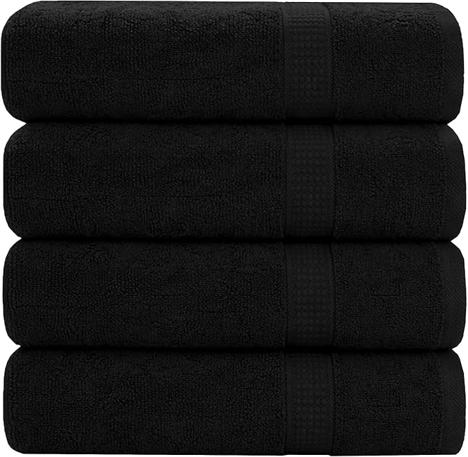 GOLD TEXTILES Premium Bath Towels Set (Pack of 4,27 x 54) 100% Ring-Spun Cotton Bathroom Towels for Hotel, Spa, Soft and Absorbent (27 x 54, Black - 4 Pcs)
