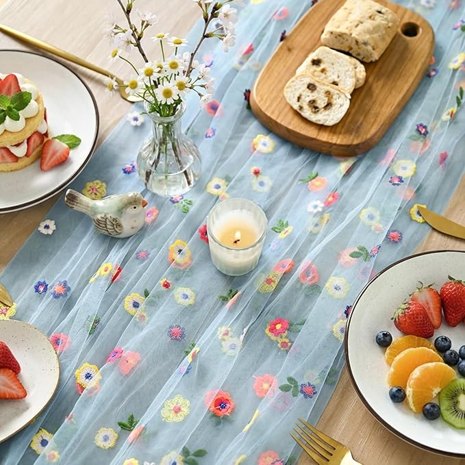 Artoid Mode Blue Embroidery Daisy Gauze Table Runner 120 Inch 10FT, Seasonal Sheer Kitchen Dining Holiday Wedding Birthday Table Decor for Home Party