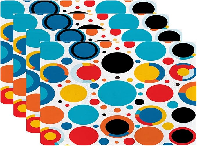 Batmerry Colorful Circles Placemats, Vibrant Circular Pattern Washable Linen Table Mats for Kitchen Table Double Insulation Decor Dining Set Indoor Outdoor 12X18 in Set of 4