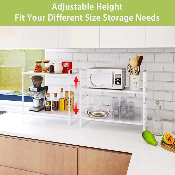 Across-Star Expandable Cabinet Shelf Organizer Rack, Stackable Kitchen Counter Storage Shelves Stand, Adjustable Height Pantry Shelf Spice Rack (White, 1 Pack)