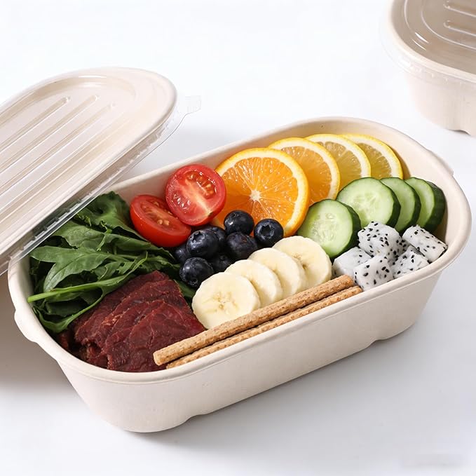 50 Pack Disposable Meal Prep Containers, 23oz Take Out Food Containers with Lid, Microwave Safe Bagasse To Go Paper Bowls Soup Serving Bowls for Salad, Leftovers, Lunch
