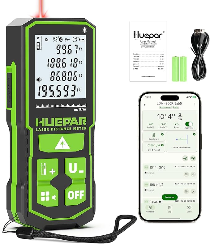 Huepar Laser Distance Measure 200Ft. Digital Rechargeable Laser Measuring Tool with Bluetooth -Phone APP, 1/16in Accuracy, Angle Sensor, M/in/Ft Unit, Pythagorean Mode, Measure Distance, Area, Volume