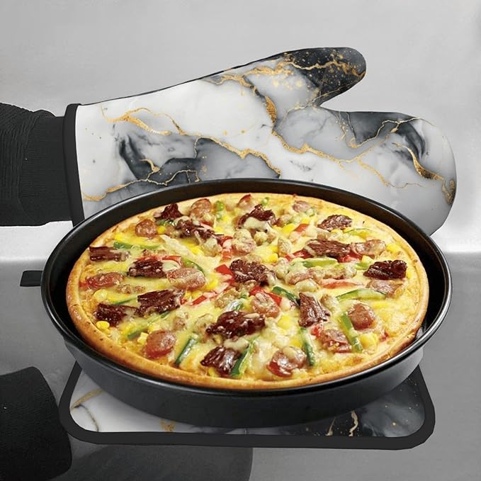 Black and White Marble Oven Mitts and Pot Holders Golden Texture Heat Resistant Oven Mitts Safe for Baking Cooking BBQ