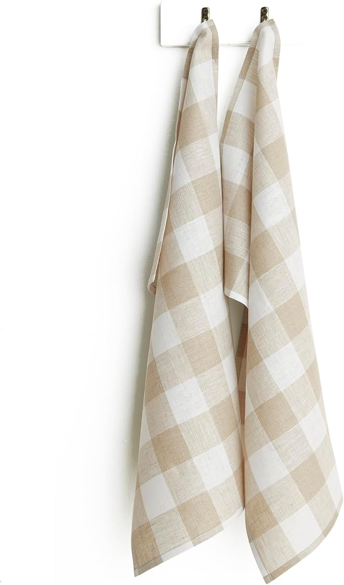 Solino Home Linen Kitchen Towels Set of 2 - Natural and White 16.5 x 26.5 Inch - 100% Pure Linen Buffalo Check Kitchen/Tea Towels - Handcrafted and Machine Washable