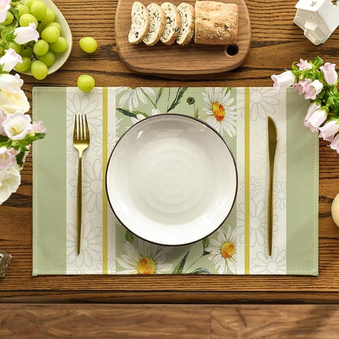 Artoid Mode Eucalyptus Leaves Daisy Vase Placemats for Dining Table, 12 x 18 Inch Spring Easter Summer Seasonal Holiday Decoration Rustic Vintage Washable Table Mats Set of 4 Green