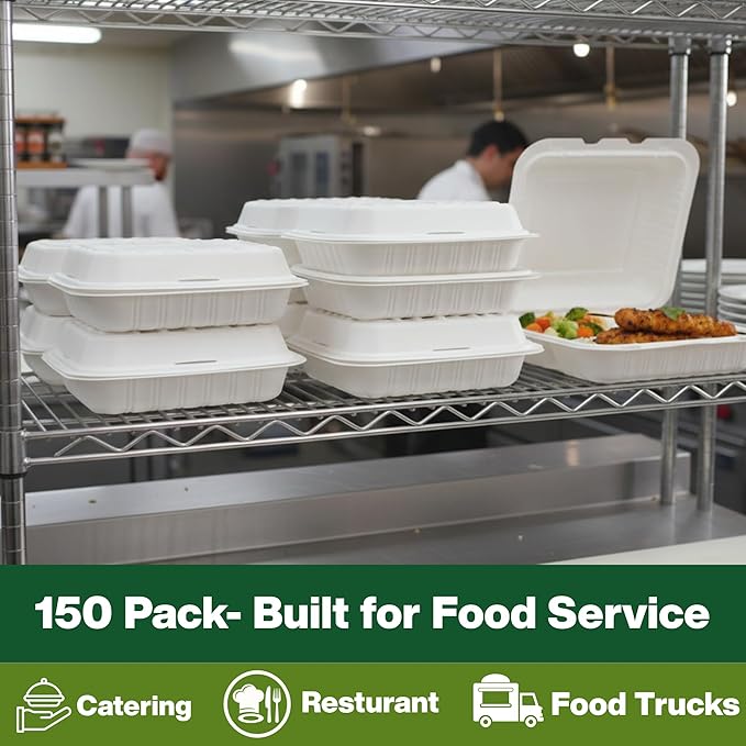Front Lock MFPP Hinged Container, White, Vented Clamshell Disposable Takeout Boxes, 1 Compartment, 8" x 8", Durable Microwaveable To-Go Containers for Restaurant & Food Service,150pc