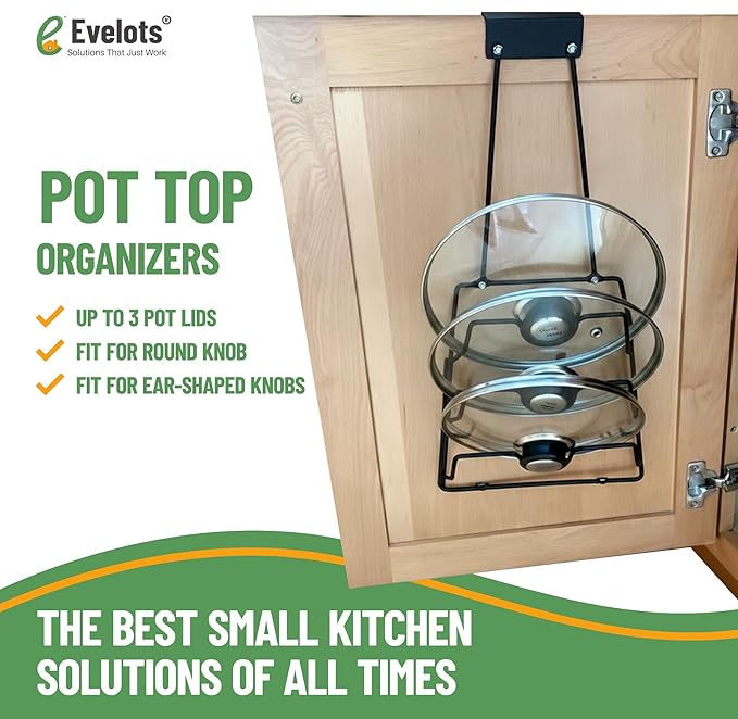 Evelots 2-in-1 Pot Lid Organizer with Towel Holder - 2 Pack, 3-Tier Cabinet Door Rack - Space-Saving Kitchen Organizer for Glass or Metal Pan Lids & Towels - Over the Door Design - Black