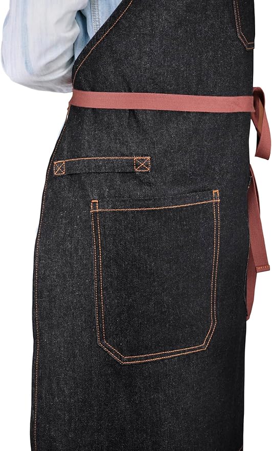 Cooking Apron with Pockets Mens Womens Professional Kitchen Bib Apron for Chef Grill BBQ (Black Denim with Cross Back Straps)
