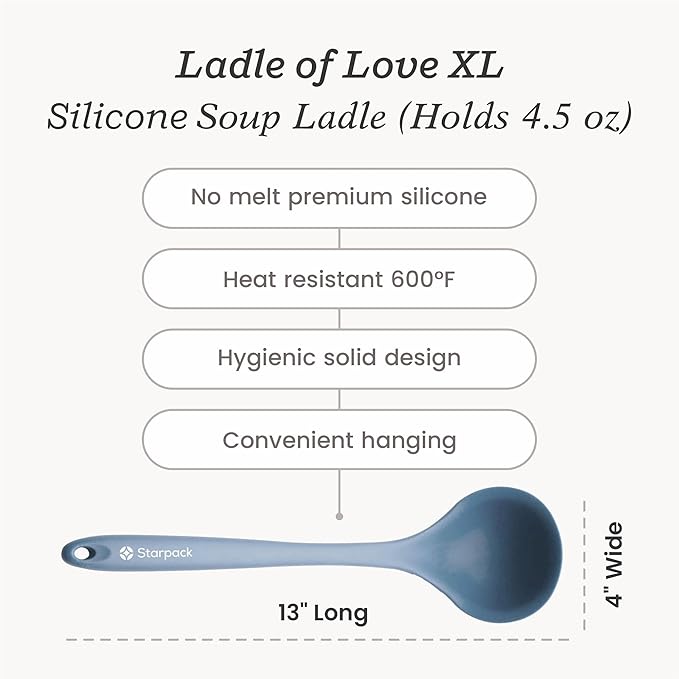 Starpack 'Ladle of Love' XL Premium Silicone Ladle - High Heat Resistant to 600F, Non Stick, LFGB Grade