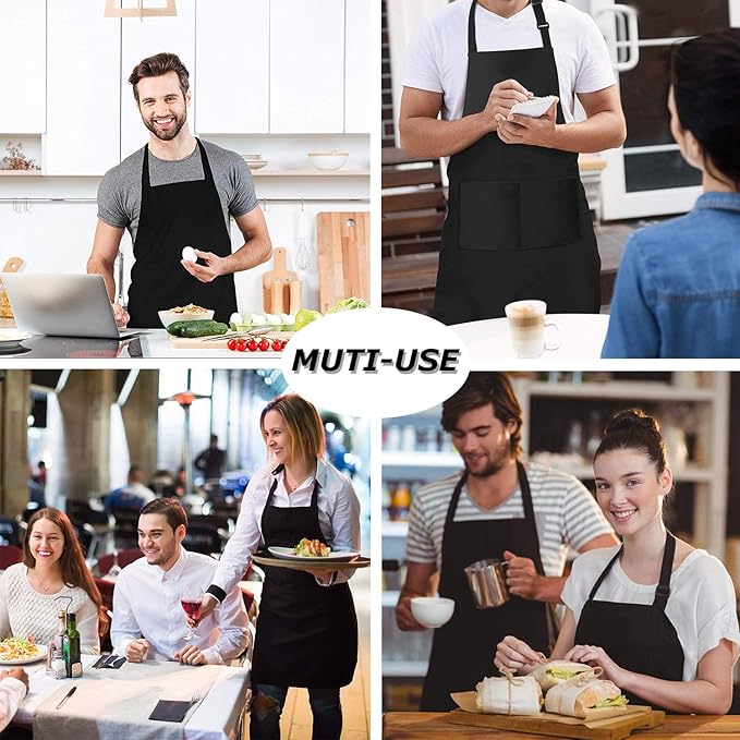 4 Packs Chef Apron, Black Waterproof Apron, Adjustable Aprons with 2 Pockets for Men Women, Professional Aprons for Kitchen Cooking Gardening Painting Baking Restaurant (Black)