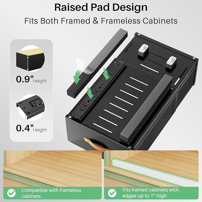 Pull out Cabinet Organizer, Expandable Depth(15.7"-21.7") with Raising Pad for Framed Cabinets, Heavy Duty Slide out Drawers, Adhesive Roll Out Shelves for Kitchen, Pantry Storage(Black, 1-Pack)