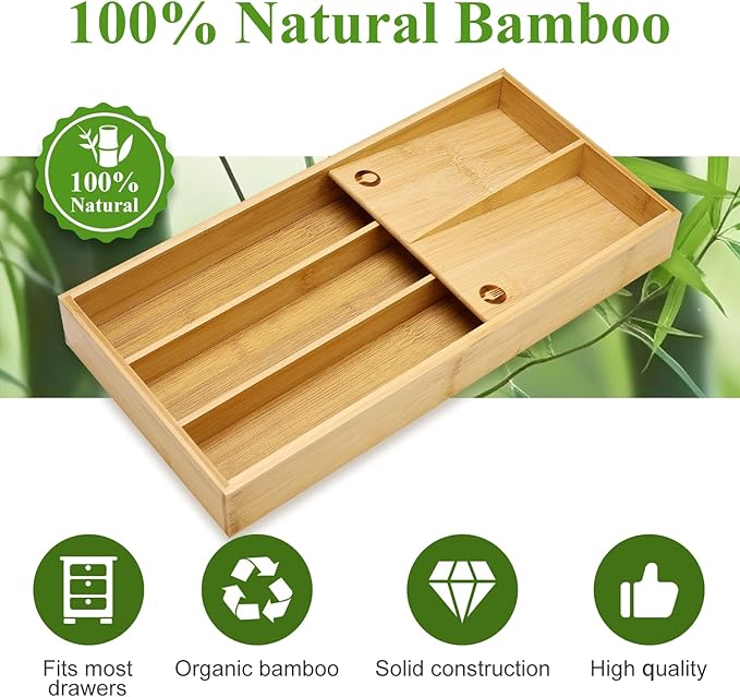 Hilislog Bamboo Silverware Drawer Organizer Cutlery Tray for Drawer Wood Kitchen Utensil Tray Flatware Caddy Cutlery Holder Utensil Drawers Organizer for Spoon Fork Knives Wooden Silverware Trays