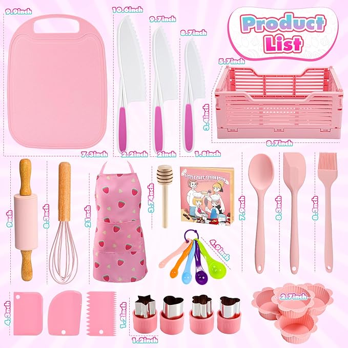 Kids Baking Cooking Set Real & Toddler Kid Apron, Kids Knife Set for Real Cooking & Basket,Food-Grade Material,Montessori Toddler Kitchen Tools, Christmas Birthday Gift for 3-10 Year Old Girls Boys
