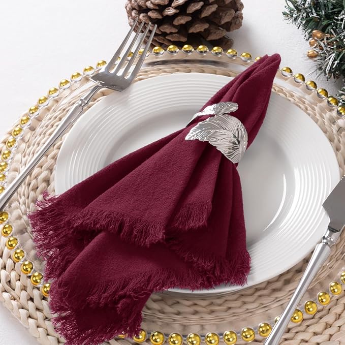 DeZerlor 12 Pack Burgundy Red Cotton Linen Napkins with Fringe Spring Cloth Napkins Set of 12 Boho Handmade Dinner Napkins Bulk for Wedding Bridal Baby Shower Parties, 17 x 17 Inches