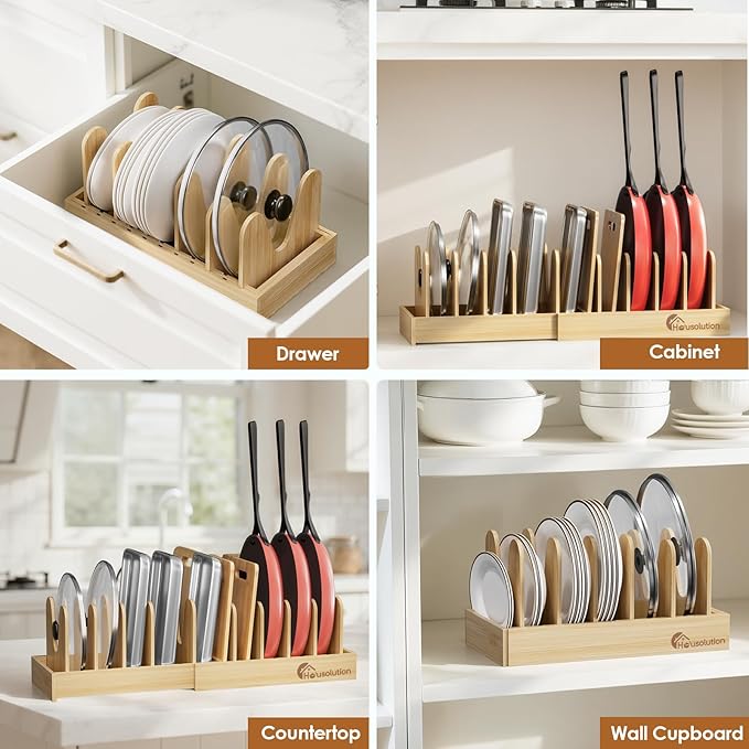 Housolution Bamboo Pot and Pan Organizer for Cabinet, 15"-29" Expandable Pot Lid Organizer with 10 Adjustable Dividers, Pan Holder Storage Rack with Solid Bamboo Wooden Base
