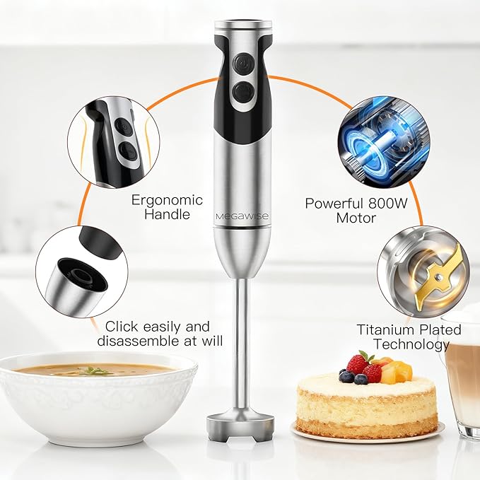 3-in-1 Immersion Hand Blender, Powerful MOTOR 12-Speed Stick Blender with Sturdy Titanium Plated Stainless Steel Blades