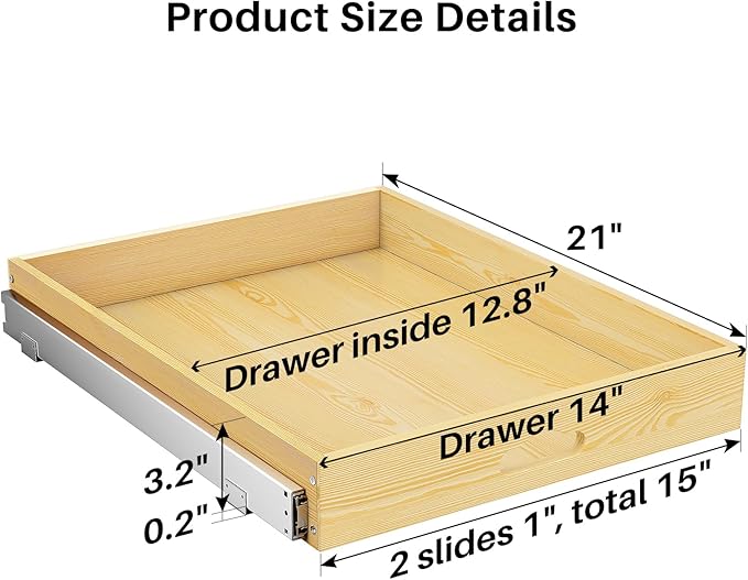 Pull Out Cabinet Organizer, Soft Close Wooden Slide Out Drawers for Pots and Pans, Full-extension Roll Out Shelves for Kitchen Cabinets, Pantry Organization, Bottom & Side Mount(15"W X 21"D x 3.4''H)