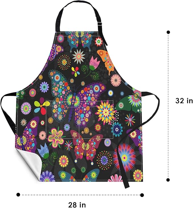 Britimes Butterfly Apron Floral Colorful Butterflies Flowers Aprons Kitchen Cooking Gardening for Women With Pockets