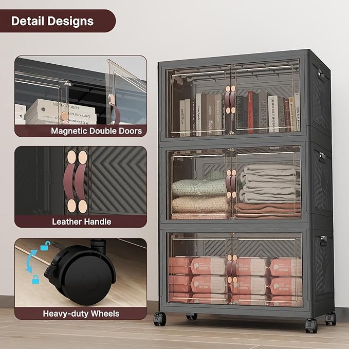 UAMFURI Stackable Storage Bins with Lids, 288QT Closet Organizers, Lockable Storage Cabinet，Foldable Storage Box with Doors and Wheels, Plastic Drawers for Home, Garage, Office (6, Black, Medium)