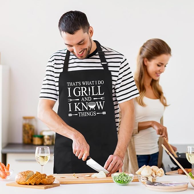 Kaidouma Funny BBQ Grilling Aprons for Men - Men's Kitchen Chef Cooking Aprons with 2 Pockets and 40” Long Ties - That's What I Do I Grill and I Know Things