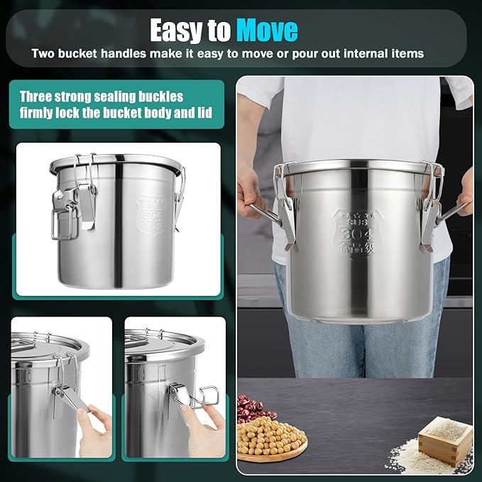 3.2Gal Stainless Steel Canister with Airtight Lid 15-22Lbs Flour Storage Containers for Kitchen Metal Rice Bucket Coffee Canister Dog Food Container Milk Can w/Handles & Sealing Buckles (12L)