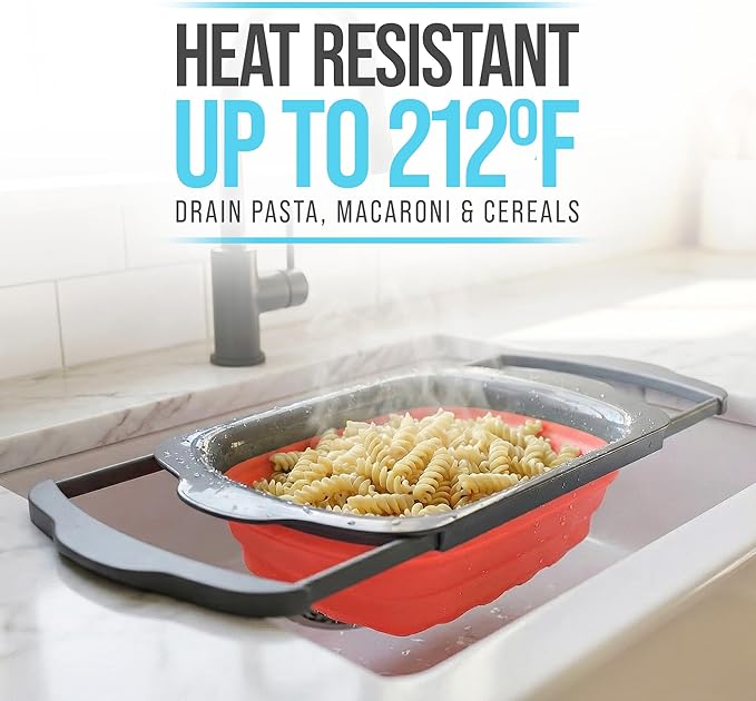 Comfify XL Large Kitchen Strainer - Collapsible Silicone Over-The-Sink Colander with Extendable Handles - Use with Pasta, Fruit, Berries & Veggie - 6 Quart - Coral