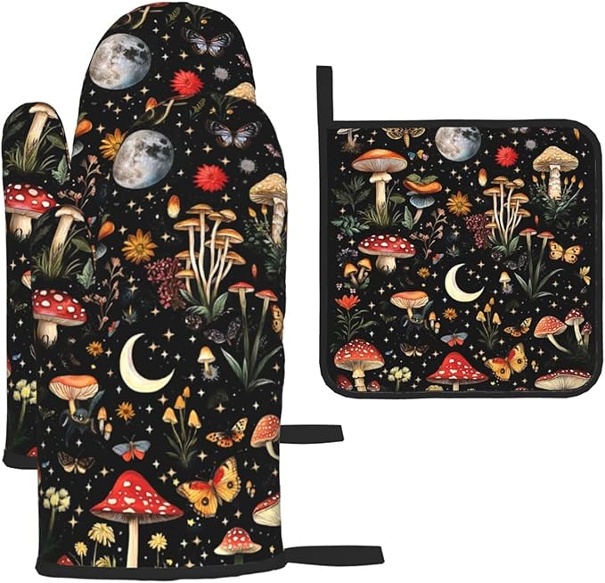 Cute Mushroom Oven Mitts and Pot Holders Sets of 3, Heat Resistant Black Hot Pads Oven Gloves with Hanging Loop for Cooking Grilling Baking, Boho Kitchen Decor, Witchy Gifts for Women Mushroom Lovers