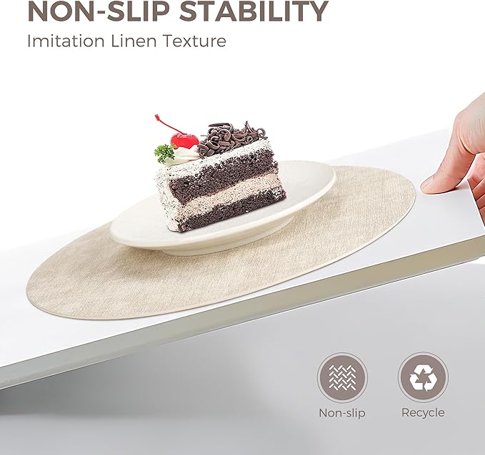 13" Round Placemats Set of 4, Reversible Faux Leather Heat Resistant Table Mats, 100% Waterproof Oilproof Wipeable Table Protective Placemats for Vinyl, Washable for Indoor & Outdoor Use (4, Beige)