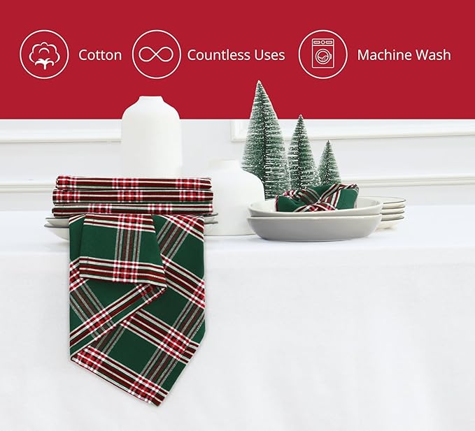 PurpleEssences Tartan Plaid Cloth Napkins - Mitered Corners - Spring Easter Summer - Scottish Check Dinner Napkin - Set of 12-100% Cotton - 18x18 Inch - Reusable Washable - Green