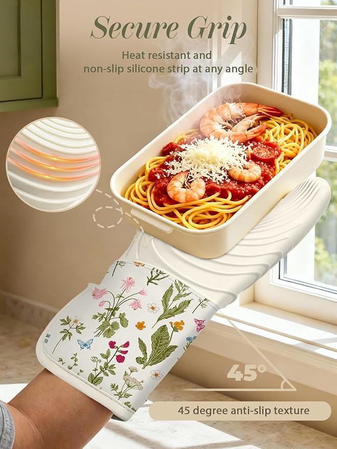 Slohif Long Silicone Oven Mitts Heat Resistant for Women - 2 Pcs Beige Floral 100% Cotton Oven Gloves, Non-Slip and Waterproof Silicone Oven Mitts with Hanger for Baking and Cooking