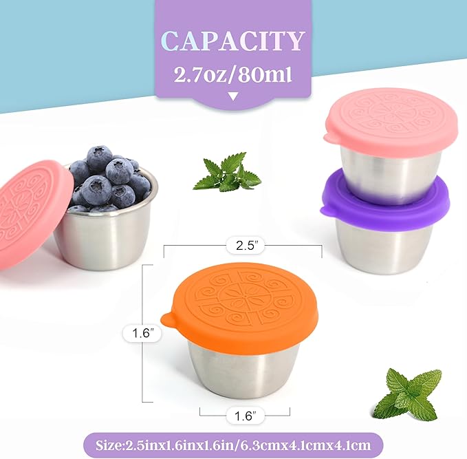 Qukaka 6x2.7 Oz Salad Dressing Container to Go,Handy Leakproof Stainless Steel Meal Prep Containers Reusable,Sauce Containers for Lunch Box, Picnics, Travel, Office and Kitchen Storage