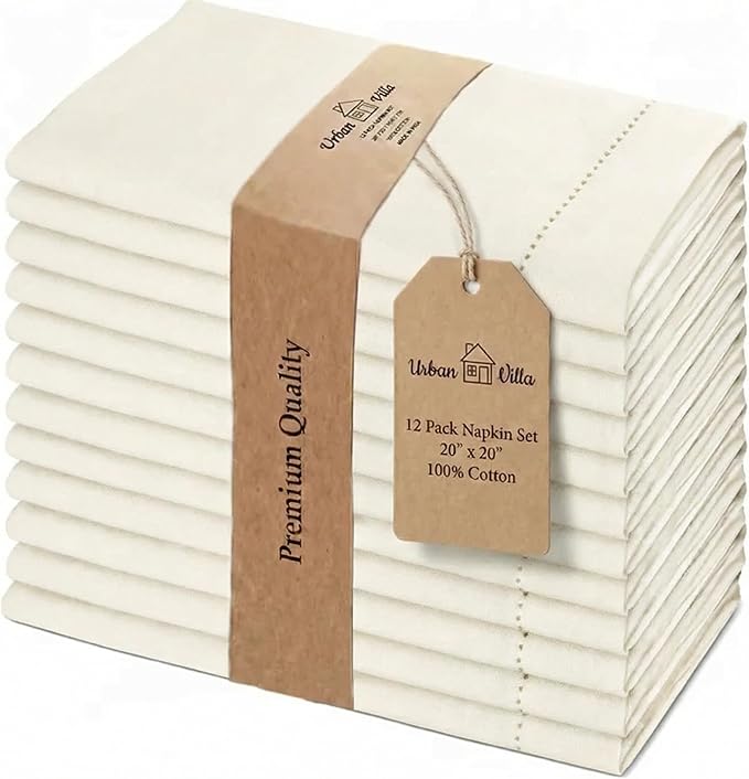 Urban Villa Cloth Napkins Ivory Hemstitch Dinner Napkins Set of 12 (20X20)100% Cotton Absorbent Washable Durable Reusable Ideal for Easter Decorations Farmhouse Parties Restaurant Lunch Dinner Napkins