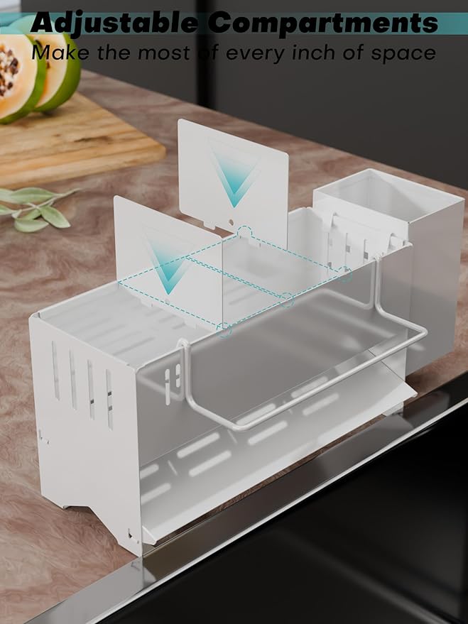 Kitchen Sink Caddy Organizer, Sponge Holder for Kitchen Sink with Upgraded Extra-Wide Drain Board, Efficient Drainage, Stainless Steel with Rust-Resistant Coating
