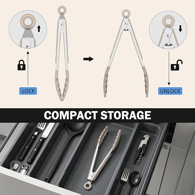 Kitchen Tongs, Stainless Steel Cooking Tongs with Silicone Tips, 600ºF High Heat-Resistant Non Scratch Locking Tongs for Cooking BBQ Grilling Air Fryer Pans, Set of 3 (7" 9" and 12") Beige