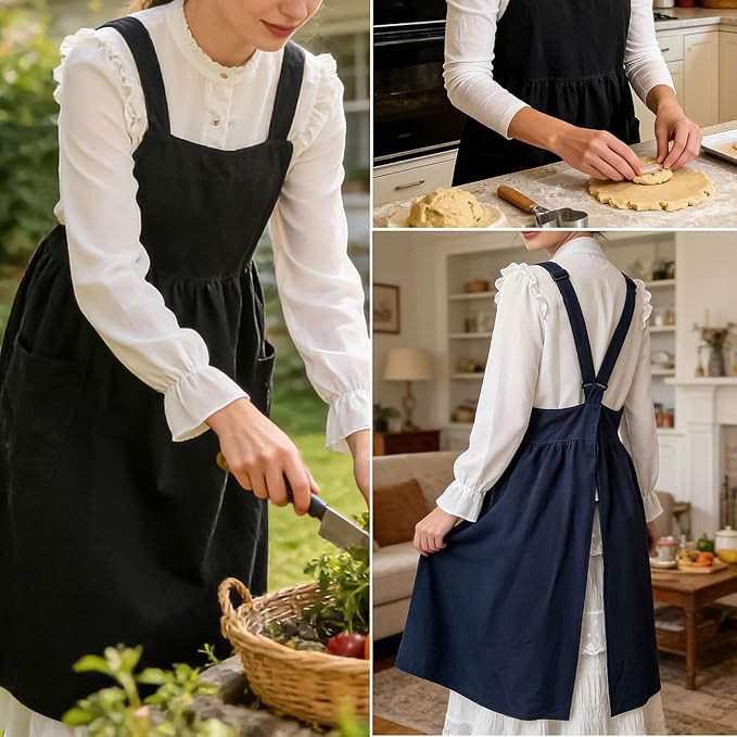 Uaussi Cotton Linen Apron Cross Back Work Apron for Women with Pockets Pinafore Dress X Cross Halter Apron for Chef Gardening