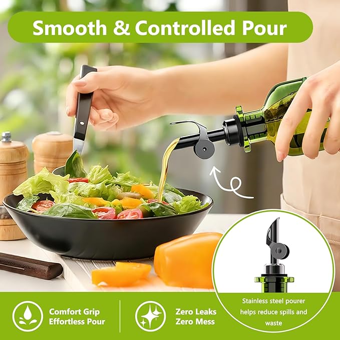 COOLMI Olive Oil Dispenser Bottle Set of 2-12oz Glass Oil & Vinegar Cruet for Kitchen - Leakproof Stainless Steel Pourers, Funnel & Labels - Extra Thick Decanter Container