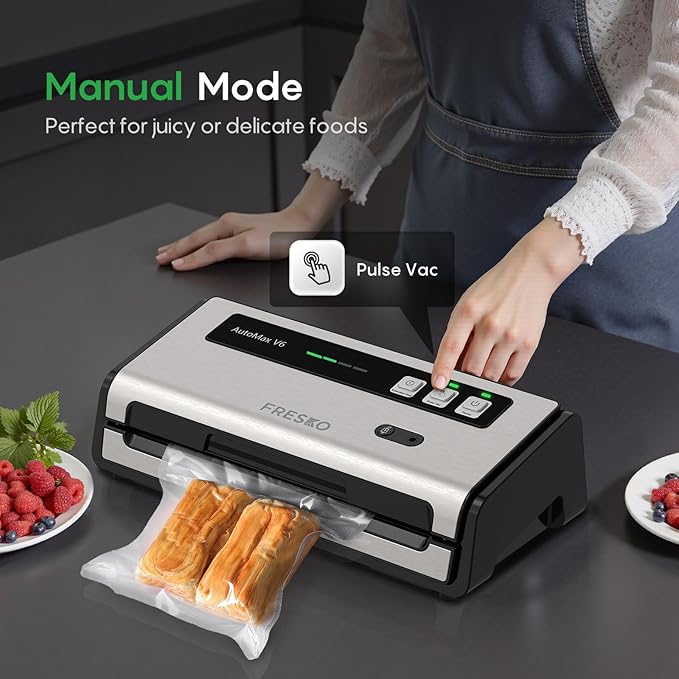 FRESKO Food Vacuum Sealer with Automatic Bag Detection, 0.2-inch Widened Heating Strip, Built-in Bag Roll Storage & Cutter, 2 Rolls Bags, Starter Kit
