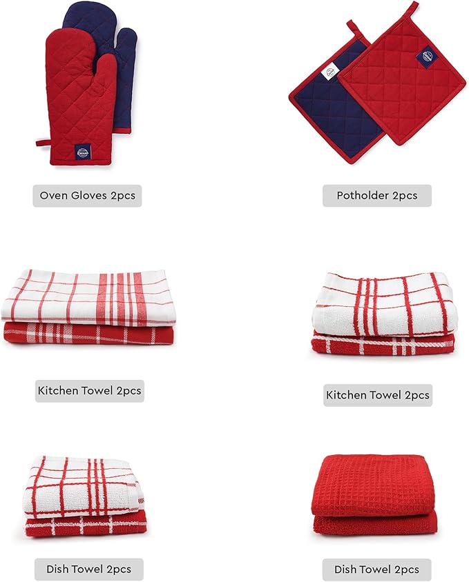 Encasa XO Kitchen and Dish Towels - Oven Mitts - Pot Holder Set of 12 Pc - Pure Cotton - Dishcloths Red Combo