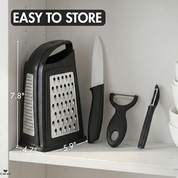 Hakan Grater, Chop and Peel Set | Handheld 3-Sided Grater with Multiple Shred Sizes, Y-Shaped Vegetable Peeler, I-Shaped Food Slicer & Spear Knife | Stainless Steel Kitchen Tools | Black, 4 Pcs