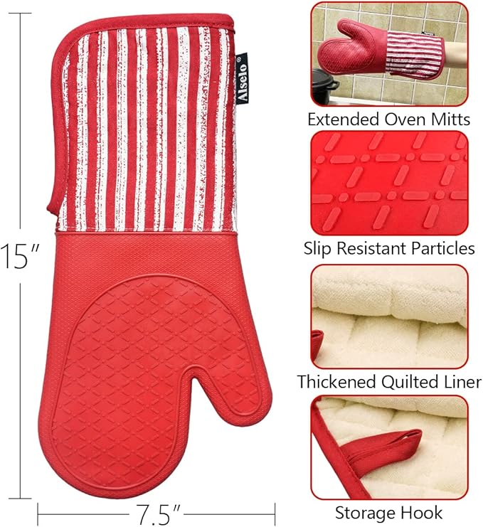 Alselo Silicone Oven Mitts Heat Resistant 932℉ with Waterproof & Non-Slip Kitchen Mittens, Set of 2 Extra Long Oven Gloves with Soft Cotton Terry Lining for Baking Cooking Barbecue (2, Red Mitts)