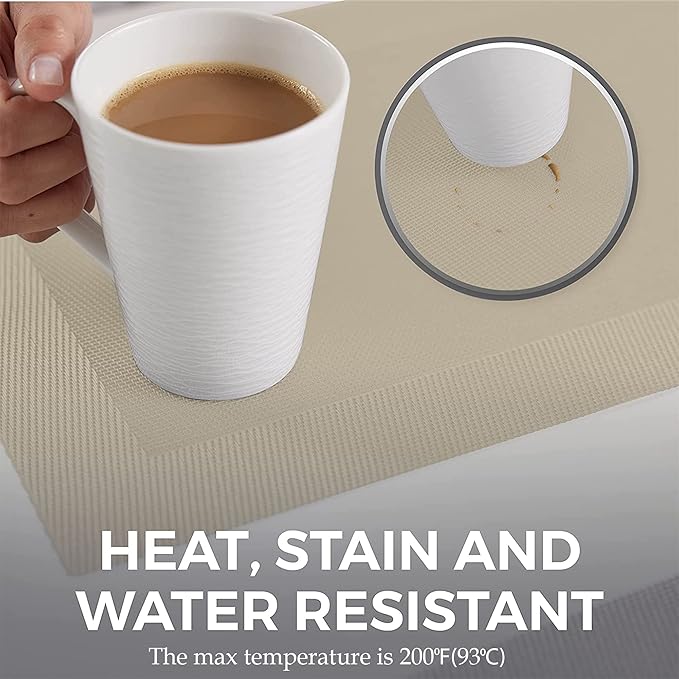 More Décor Dining Table Placemats, Washable Heat-Resistant PVC Vinyl Table Mats for Dining Room and Kitchen, Anti-Slip Set of 4 or 6 (Ivory, 8)