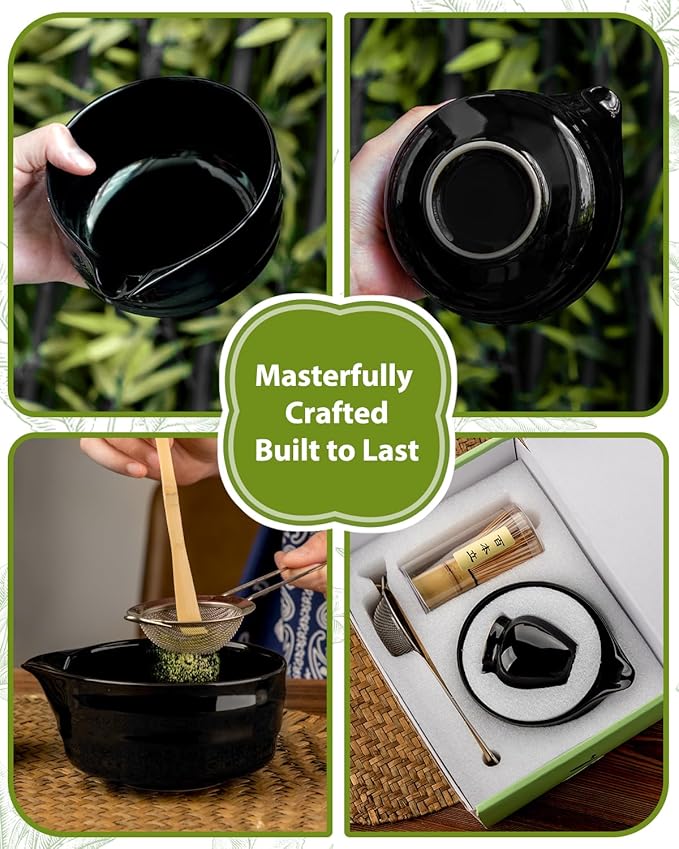 Black Matcha Whisk Set - 5PCS Matcha Set Includes 17OZ Chawan with Spout, Bamboo Chasen Whisk with Ceramic Holder, Wooden Scoop and Stainless Sifter, Matcha Kit for Ceremony, Gift for Matcha Lovers