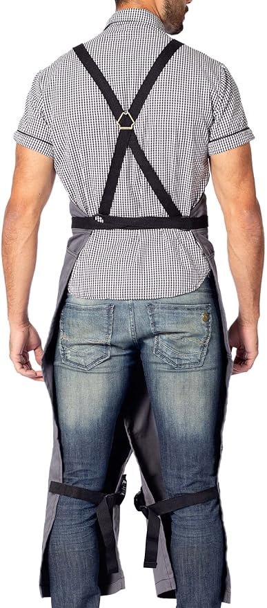 Under NY Sky Pottery Gray Apron - Full Cover Cross-Back, Professional Twill, Leather Reinforcement, Overlapping Split-Leg - Adjustable for Men, Women - Pottery Artist, Ceramics